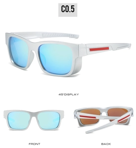Three-view display of sporty silver matte sunglasses with blue mirrored lenses and red trim