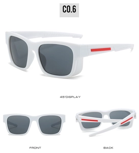 Three-view display of white sport sunglasses with gray lenses and red temple details
