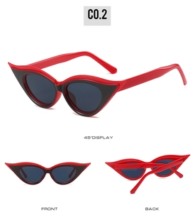 Three-view layout of retro cat eye sunglasses in red and black with UV400 lenses