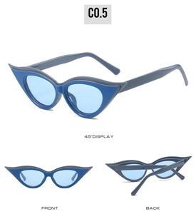 Detailed views of dual-tone cat-eye sunglasses with blue lenses and sharp angled frame