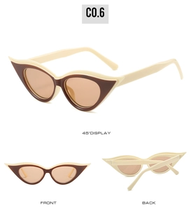 Detailed views of cat eye sunglasses with cream and brown frames and tinted lenses
