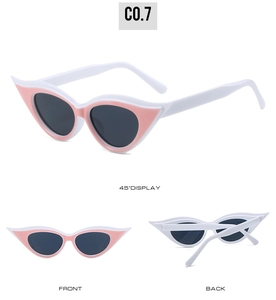 Three views of white and pink cat eye sunglasses showing front, back and side angles
