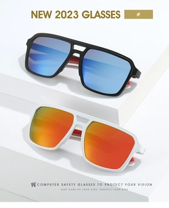 Double bridge square sunglasses with black-blue and white-orange mirrored lenses