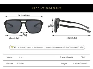 Size chart showing dimensions of square double-bridge sports sunglasses in centimeters and inches