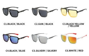 Detailed grid view showing six color options for double-bridge square sport sunglasses