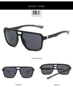 Detail view of double-bridge square sunglasses featuring anti-slip texture on temple tips