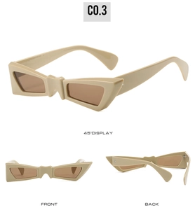 Three-angle view of butterfly geometric sunglasses in creamy beige with brown lenses