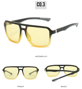 Detail view of double bridge sunglasses with black yellow gradient frame and yellow lenses