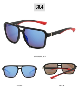 Three views of square aviator sunglasses with matte black frames and blue mirrored lenses