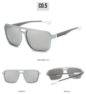 Multi-angle view of silver-gray double-bridge sunglasses with anti-slip temple tips