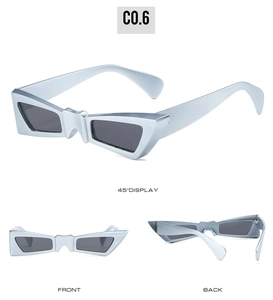 Three views of butterfly shaped hip-hop sunglasses with silver frames and grey lenses
