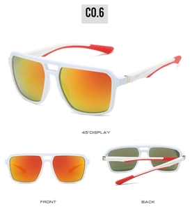 Front and back views of white double-bridge sports sunglasses with orange gradient lenses