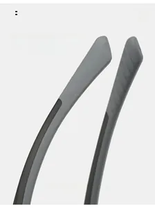 Detail of curved frosted gray eyeglass temples for comfortable secure wearing