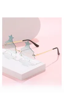 Detail of rimless Christmas tree sunglasses with blue lenses and gold metal temples