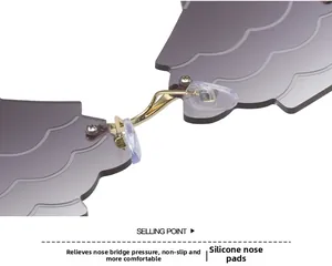 Macro view of rimless cloud lens sunglasses with gold metal bridge and silicone nose pads