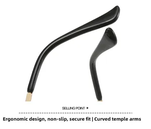 Detail of ergonomic curved non-slip temples with golden metal hinges for sunglasses