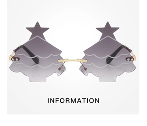Detail of rimless Christmas tree shaped sunglasses with star accents and gradient lenses
