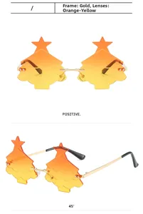 Detail view of gold-rimmed Christmas tree shaped party sunglasses with orange gradient lenses