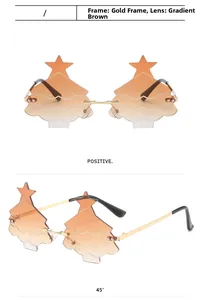 Detail of rimless Christmas tree sunglasses with gold frame and gradient tea lenses
