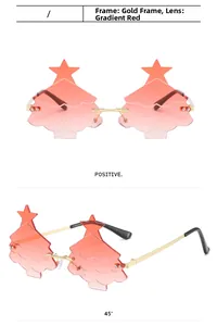 Detail view of gold frame rimless sunglasses with red gradient Christmas tree lenses