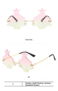 Frameless Christmas tree sunglasses with gold frame and green to pink gradient lenses