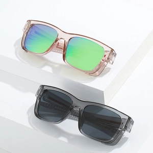 Sporty wraparound sunglasses with colorful polarized lenses and transparent frames