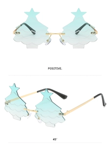 Detailed views of rimless Christmas tree sunglasses with blue gradient lenses and gold frames