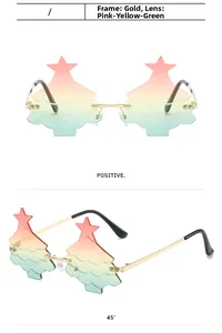 Detail view of festive rimless Christmas tree sunglasses with star and gradient lenses