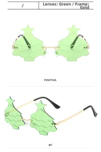 Front and 45-degree angle views of green Christmas tree shaped rimless sunglasses