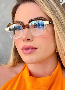 Close-up of stylish TR anti-blue light glasses with brown tortoiseshell and beige frames