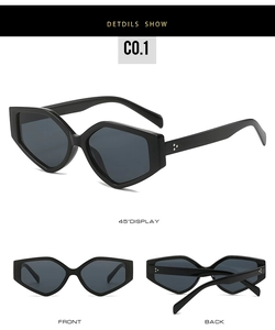 Three-view detail of black geometric hexagonal sunglasses with dark grey lenses
