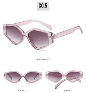 Three-view perspective of pink geometric triangle sunglasses with gradient lenses