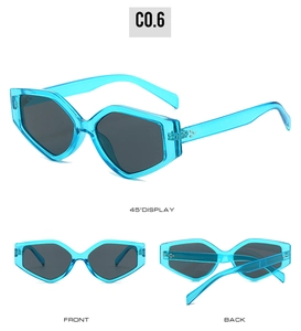 Three-angle views of blue geometric triangle sunglasses including front and back displays