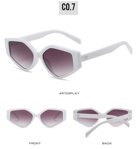 Detail view of white geometric triangle sunglasses featuring purple gradient lenses