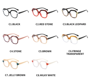 Detail view showing eight color variants of large square TR90 anti-blue light glasses