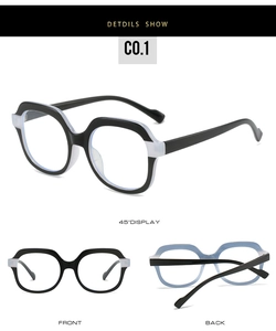 Three-way detail view of TR dual-tone anti-blue light glasses frames in black and transparent