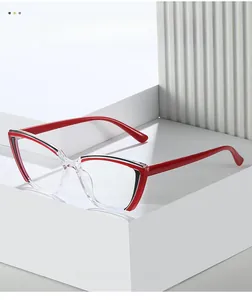 Detailed macro view of cat-eye eyewear showing red and transparent two-tone frame texture