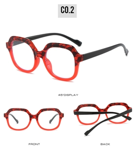 Three-angle view showing red and black marbled frame and metal hinges of the glasses