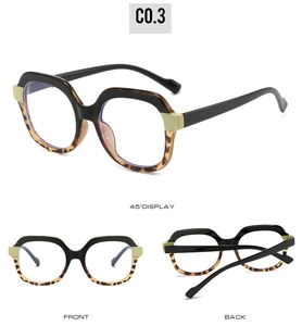 Three-way display of TR anti-blue light glasses showing 45-degree, front, and back views