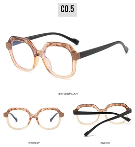 Detailed views of geometric TR90 glasses featuring tortoise and orange frames