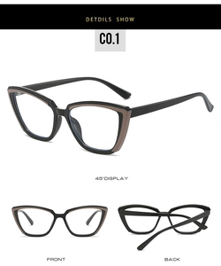 Three-angle views of TR90 cat-eye blue light blocking glasses in black and brown