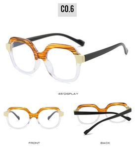 Detailed multi-angle view of two-tone TR blue light glasses with orange striped top frame