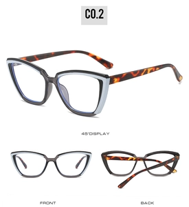 Three-angle display of cat-eye TR90 frames in black, blue, and tortoiseshell finish