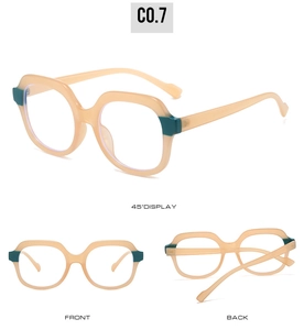 Detailed views of TR material anti-blue light glasses with pink and green contrast frames