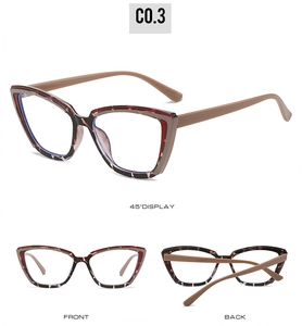 Three perspectives of cat-eye TR90 frames showing joint details and mixed color finish