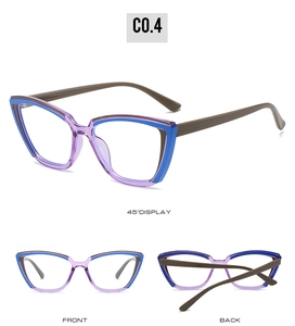 Detailed front, back and 45 degree views of TR90 cat-eye glasses frames in purple and blue