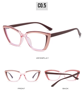 Three views of pink and tortoiseshell TR90 cat-eye blue light glasses with C0.5 code