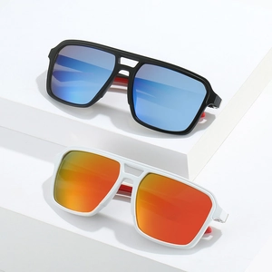 Retro oversized square pilot sunglasses with double-bridge frame and dual-color temples
