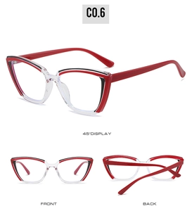 Detailed multi-angle view of red and clear cat-eye TR90 frames showing front and back