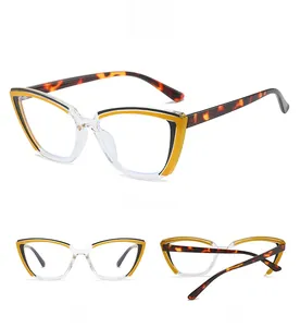 Three angles of TR90 cat eye glasses with clear frames and yellow tortoise accents